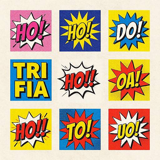 Comic-style grid of nine colorful, bold 