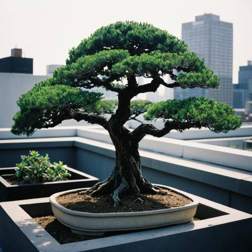 Gnarled Bonsai Tree on Urban Rooftop