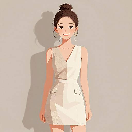 Digital illustration of a smiling young woman with fair skin, dark hair in a bun, wearing a white sleeveless dress and standing against a plain, light