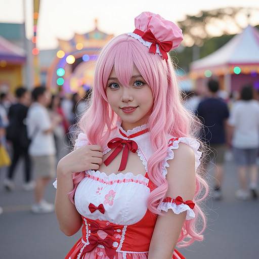 Photograph of an Asian woman in a pink wig, red and white frilled cosplay dress, with red bows, at a busy outdoor festival, smiling