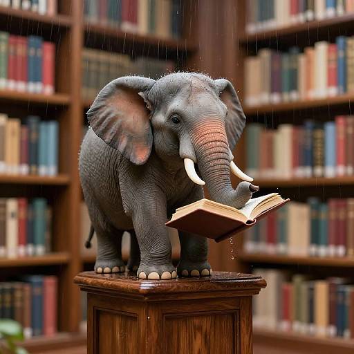 Elephant Reading in Rainy Library