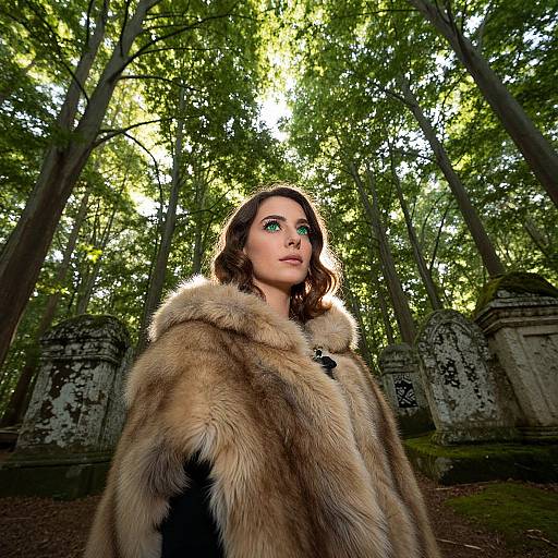 Photograph of a woman with fair skin, brown hair, green eyes, wearing a fur cloak, standing in a sunlit forest among ancient stone tomb
