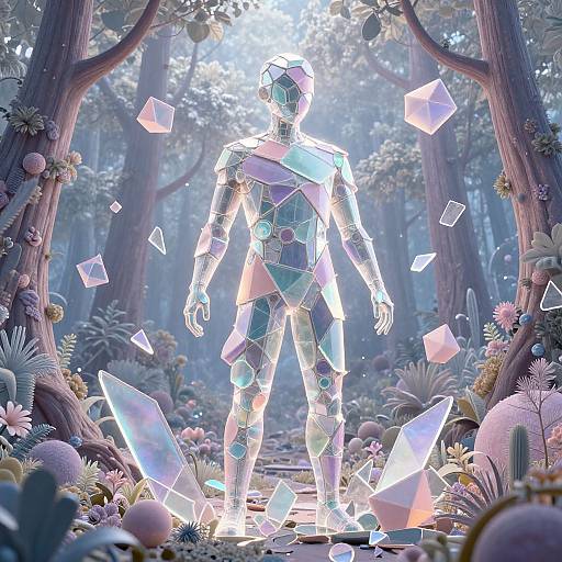 Digital art of a glowing, geometric humanoid figure standing in a magical forest filled with floating crystals and colorful plants.