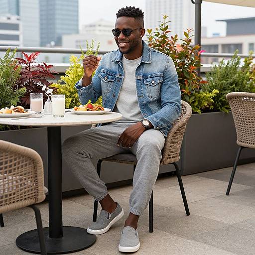 Photograph of a smiling, dark-skinned man in a blue denim jacket, white t-shirt, gray pants, and white sneakers, dining outdoors with
