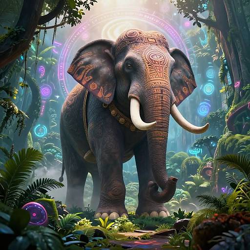 Digital artwork of a mystical, tattooed elephant with large white tusks, standing in a vibrant, enchanted jungle illuminated by glowing blue and purple orbs.