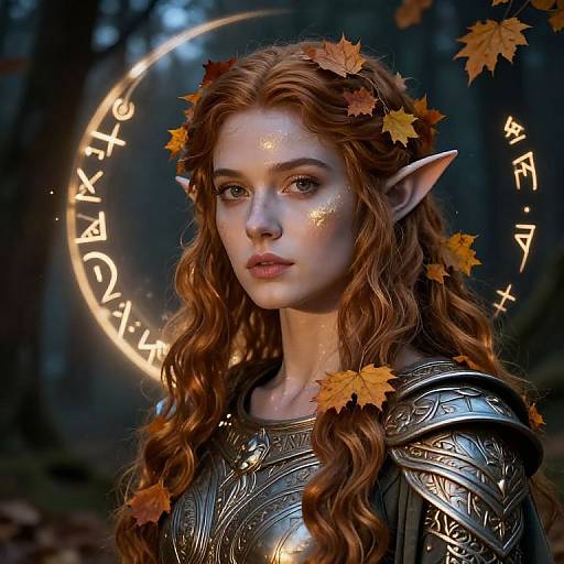 Digital artwork of a fair-skinned, red-haired elf woman with pointed ears, wearing ornate silver armor, surrounded by glowing runes and autumn leaves in