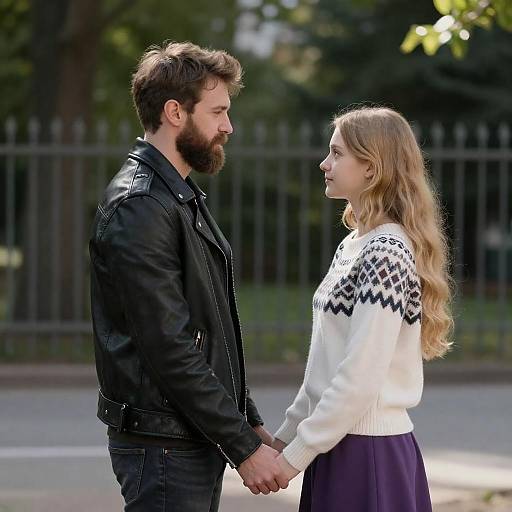 Sunlit Couple: Leather Jacket and Sweater