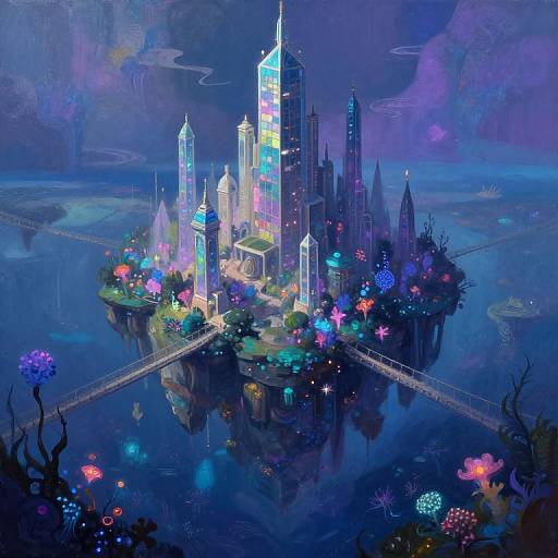 Digital fantasy artwork of a glowing, neon-lit city on a floating island surrounded by vibrant, bioluminescent sea creatures and colorful plants in a