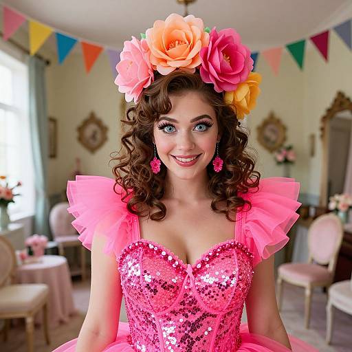 Photograph of a smiling woman with curly brown hair, wearing a pink sequin dress, pink ruffled shoulders, colorful flower crown, pink earrings,