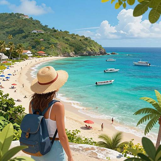 Photograph of a woman in a straw hat and blue backpack, overlooking a turquoise beach with boats, lush green hills, and sunbathers under bright
