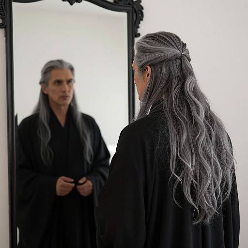 Photograph of an older man with long, silver hair in a black robe, standing before a mirror, gazing at his reflection.