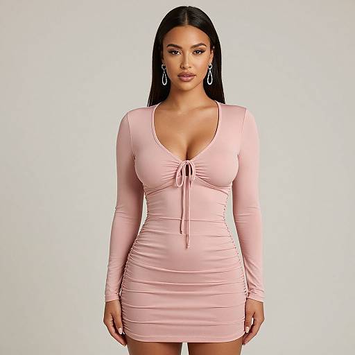 Photograph of a curvy woman with long black hair, wearing a tight, pale pink, long-sleeve, V-neck mini dress, with
