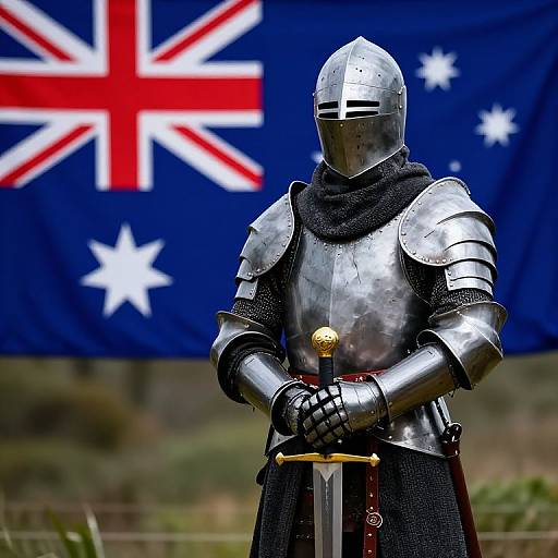 Photograph of a medieval knight in shiny silver armor, black cloak, and helmet, holding a sword, with an Australian flag in the background.
