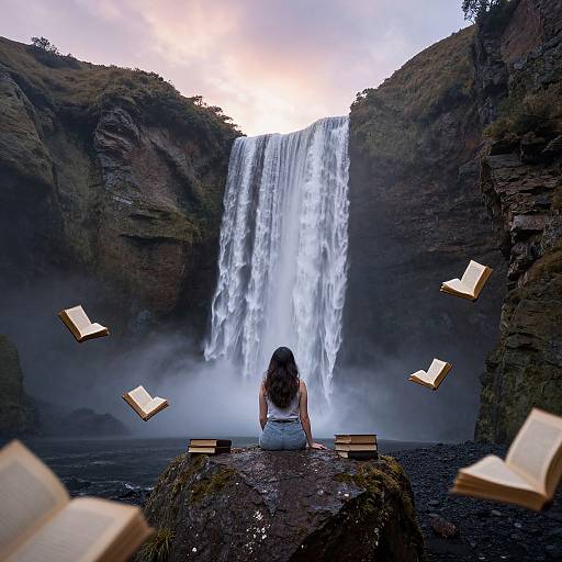Photograph of a woman with long brown hair, sitting on a rock, facing a towering waterfall, surrounded by floating open books.