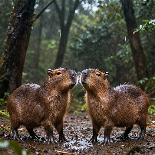 Capybaras Fighting in Rainy Forest