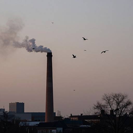 Photograph of a tall, dark smokestack emitting gray smoke, surrounded by flying birds, against a pastel evening sky with silhouetted industrial