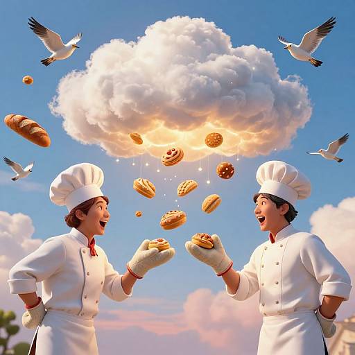 Whimsical Bakers Exchange Under Surreal Sky