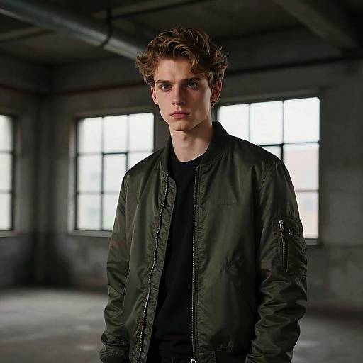 Photograph of a serious, young white man with curly brown hair, wearing a black jacket over a black shirt, standing in a dimly lit,