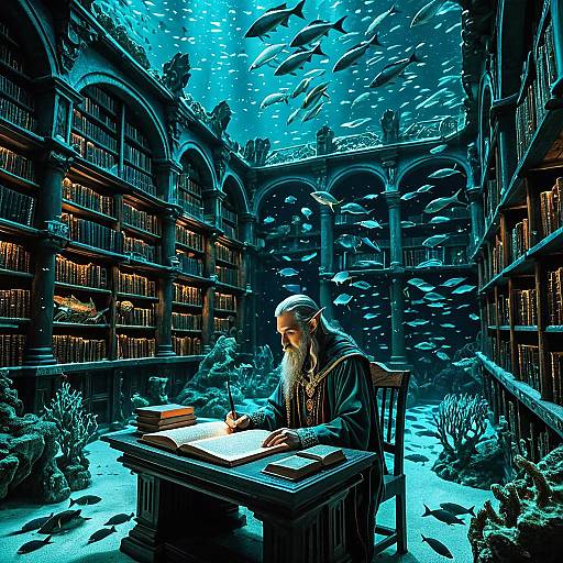 Elven Scholar Studying in Underwater Library