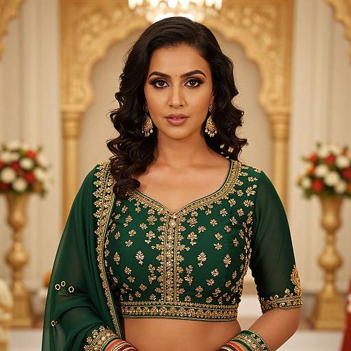 Photograph of a beautiful Indian woman with dark curly hair, wearing an ornate green choli with gold embroidery, standing in a luxurious, gold-ac