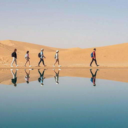 Photograph of five hikers in desert, reflecting in clear water, walking from left to right, with golden sand dunes in background under a clear