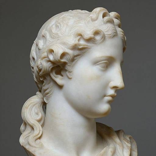 Photograph of a classical white marble bust of a woman with wavy hair, side profile, detailed hair curls, and serene expression.