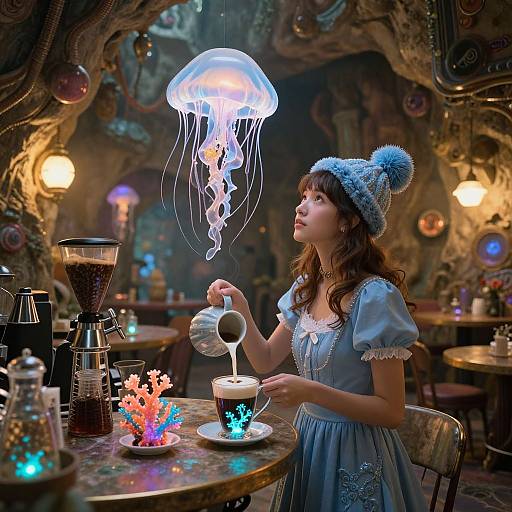 Cyberpunk Café with Bioluminescent Charm