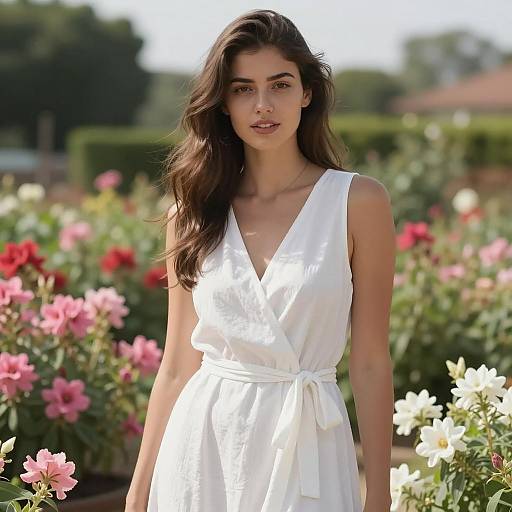 Beautiful Woman in White Dress in Garden