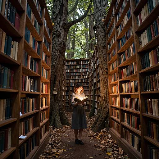 Photograph of a person holding a lit candle, standing in a narrow aisle of a wooden library with towering trees overhead.