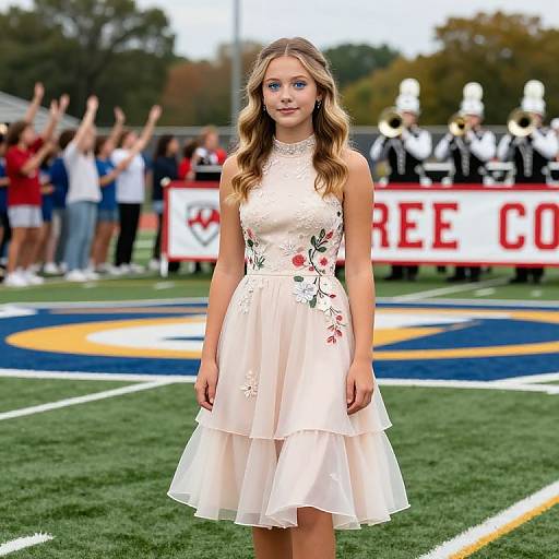 Photograph of a young woman with wavy blonde hair in a sleeveless, floral-embellished, light pink dress standing on a football field