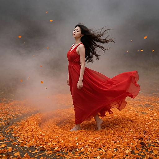 Photograph of a woman with long black hair, wearing a flowing red dress, walking through an orange leaf-covered field with smoky gray background.