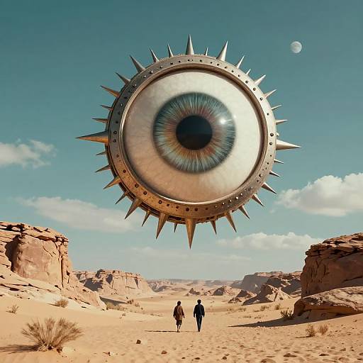 Photorealistic CGI: Two figures walk in a desert with a giant, spiked, eye-like spaceship hovering above, against a clear blue sky with a