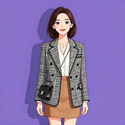 Digital illustration of an Asian woman with shoulder-length brown hair, wearing a black-and-white houndstooth blazer, white blouse, and brown skirt