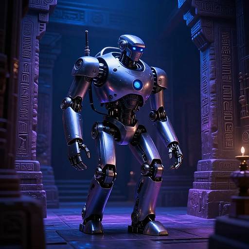 Photorealistic CGI of a shiny, blue-lit, humanoid robot standing in a dimly lit, ancient temple hallway with purple and blue lights.