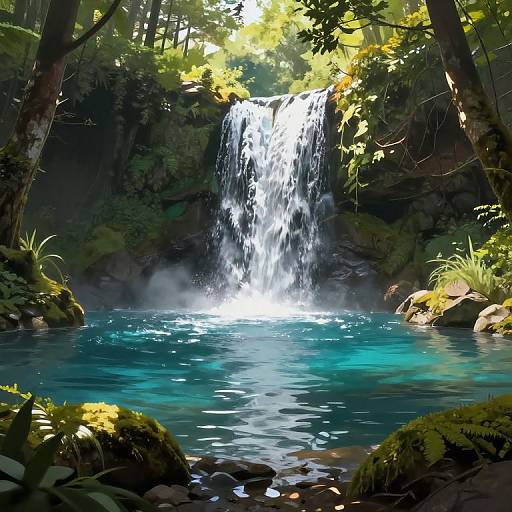 Photograph of a serene forest waterfall with cascading white water into a crystal-clear turquoise pool, surrounded by lush greenery and mossy rocks. Sun
