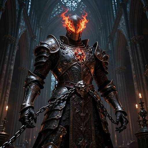 Digital artwork of a fiery-eyed, armored knight with burning helmet, standing in a gothic cathedral with tall, arched windows. Chains hang from his