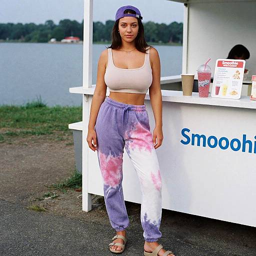 Photograph of a young woman with tan skin and dark hair, wearing a white crop top, purple tie-dye pants, and a backward baseball cap