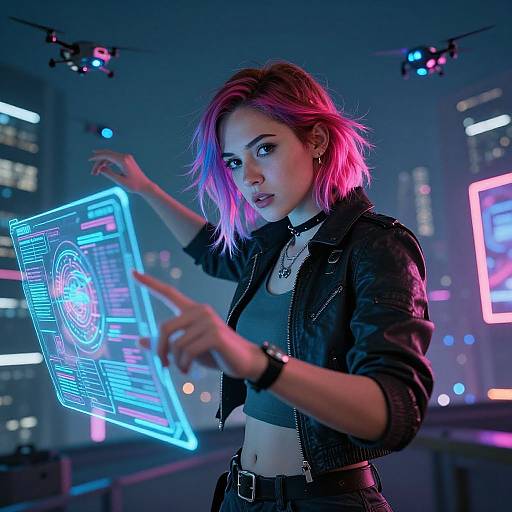Photorealistic CGI of a pink-haired woman in a black leather jacket, interacting with a glowing neon holographic interface in a futuristic, neon-lit