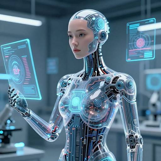 CGI image of a sleek, futuristic, female android with transparent, metallic body holding two glowing holographic screens in a high-tech lab.