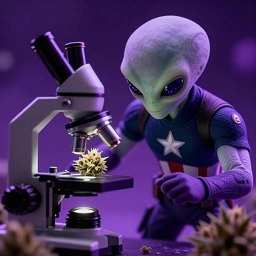 CGI image of an alien with a blue, bald head and large black eyes, wearing a blue superhero suit with a white star, examining a sp