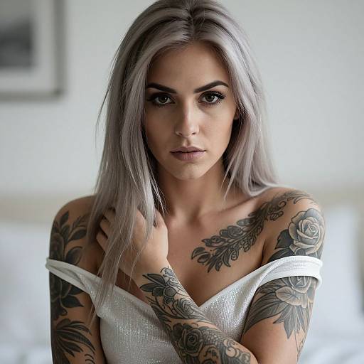 Portrait of Tattooed Woman with Silver Hair