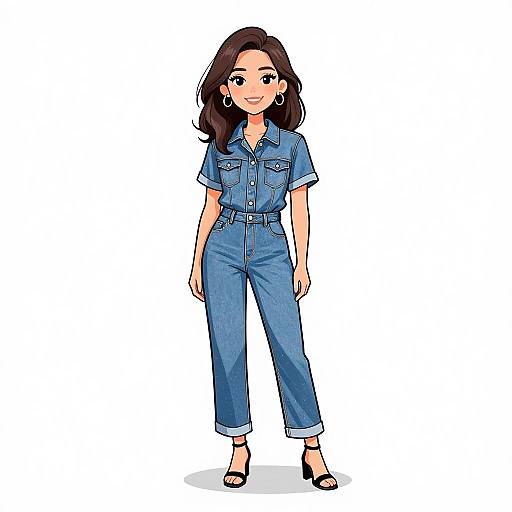 Digital illustration of a smiling woman with long brown hair, wearing a blue denim jumpsuit, black high heels, and hoop earrings.