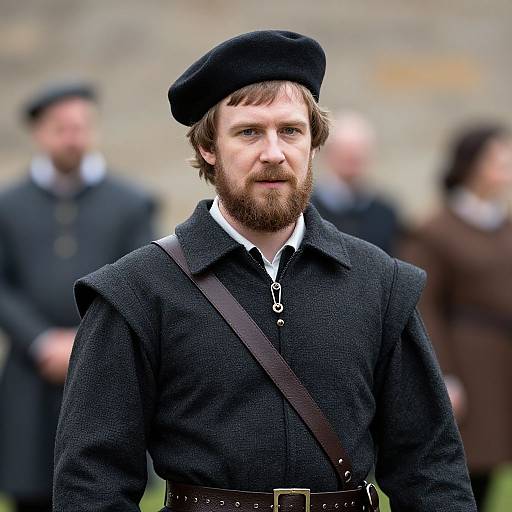 Photograph of a bearded white man with brown hair, wearing a black beret, dark woolen shirt, and brown leather strap, standing in