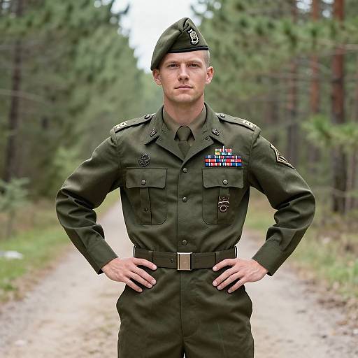 Photograph of a serious, white male soldier in green military uniform with medals, standing on a forest path, hands on hips.