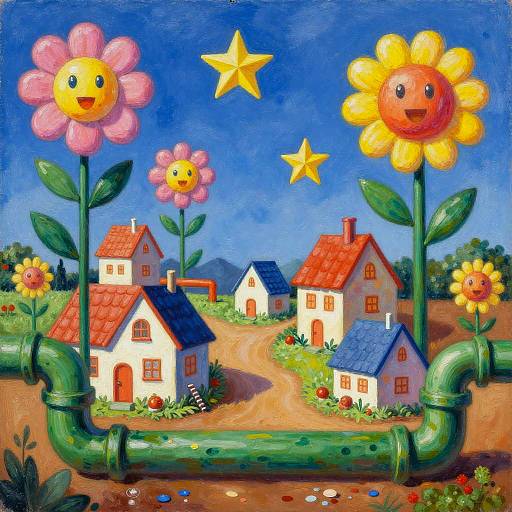 Whimsical painting of colorful houses with red and blue roofs, surrounded by vibrant, smiling sunflowers and yellow stars, connected by a green pipe,