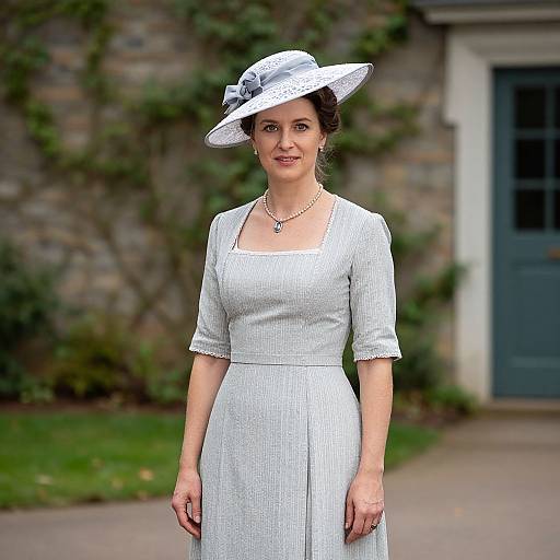 Photograph of a smiling woman in a white lace dress and wide-brimmed hat, standing in front of a brick house.