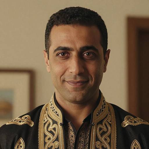 Photograph of a middle-aged man with short black hair, brown eyes, and medium skin tone, wearing an ornate black and gold embroidered traditional garment
