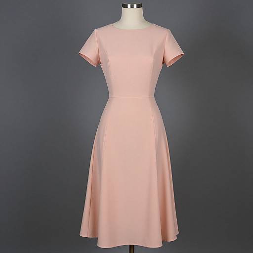 Photograph of a pastel pink, short-sleeved, knee-length dress displayed on a white mannequin against a dark blue background.