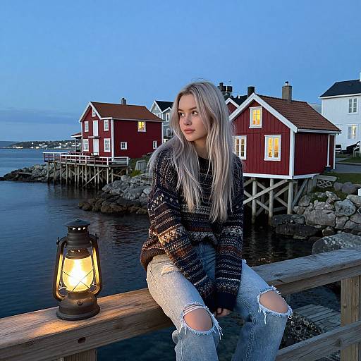 Photograph of a blonde woman in a black knit sweater and ripped jeans, sitting on a wooden bench by a glowing lantern, with red and white Nordic