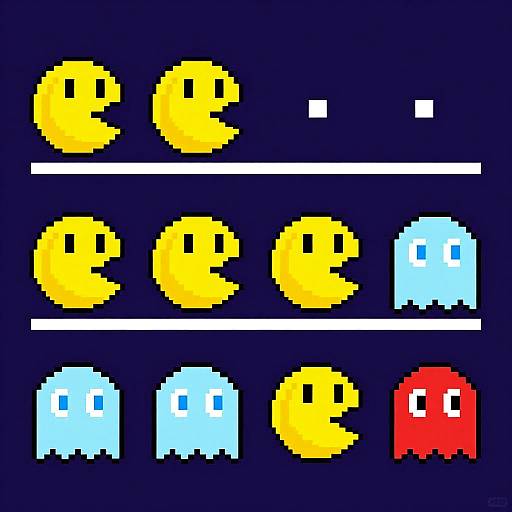 Pixel art of a game interface with nine yellow and blue smiley faces, one red face, and a white line, set against a dark blue background